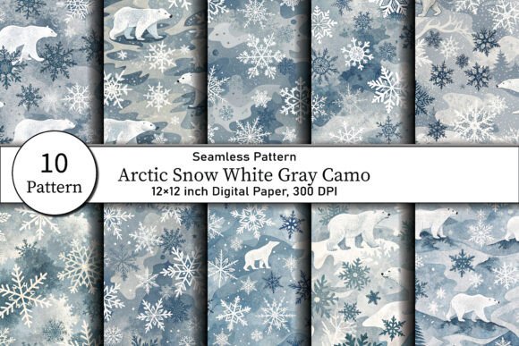 Arctic Snow White Gray Camo Digital Paper Pack