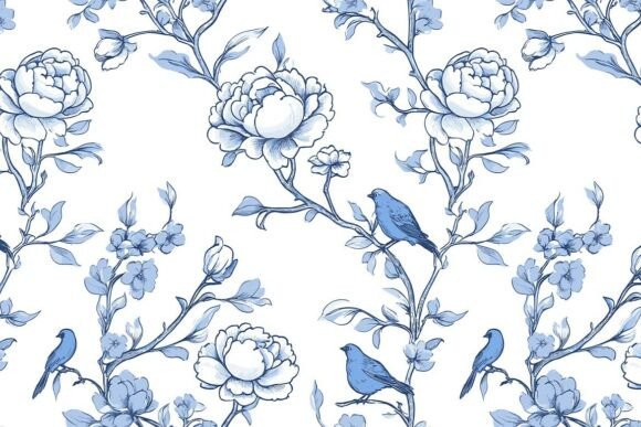 Floral Blue Chinoiserie Toile De Jouy 08