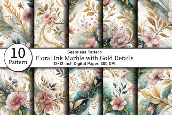 Floral Ink Marble with Gold Details