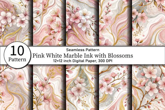 Pink White Marble Ink with Blossoms: A Versatile Digital Design Resource
